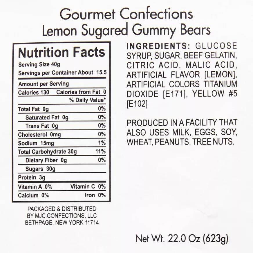 Yellow Gummy Bears Sugared, 1.3 Pound Resealable Bag, Yellow Candy, Lemon Flavored, The Hampton Popcorn & Candy Company