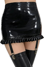 Women's Latex Rubber Mini Skirt with Garter Belts,Black Latex Garter Skirts with 4 Straps