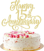 golden Glitter Happy 15th Anniversary Cake Topper - for Wedding Anniversary/Company Anniversary Party / 15th Birthday Party Decorations