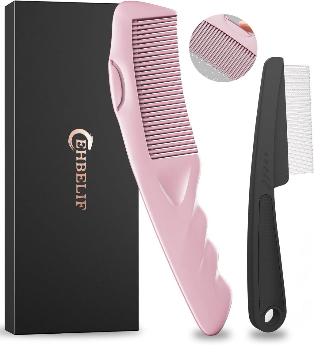 Dandruff Comb 2PC Upgraded Fine Tooth Scalp Detox Comb Lice for Women, Men & Kids Scalp Detoxing, Sweep & Massage Hair Brush Tool with Elegant Box for Hair Care (Pink)