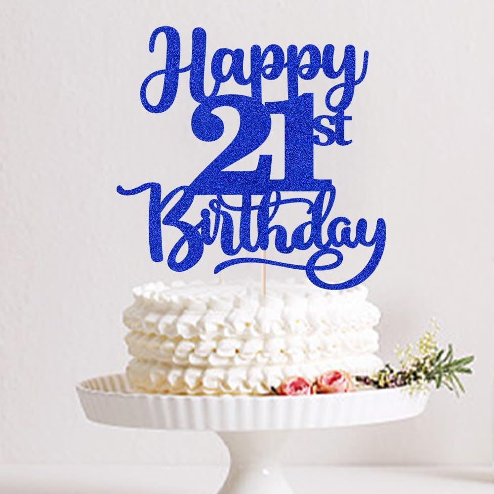 Sleyberoy Happy 21st Birthday Cake Topper-Twenty One Cake Topper，Glitter Hello 21，21 anniversary Cheers to 21 Years ，21 Fabulous Cake Decor (21th, Deep blue)