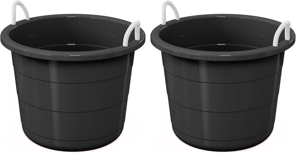 17 Gallon Black Utility Bucket 2-Pack, Flexible Plastic Storage Tub with Reinforced Rope Handles, Multi-Functional Foldable Container for Home, Outdoor, Garage & Gardening