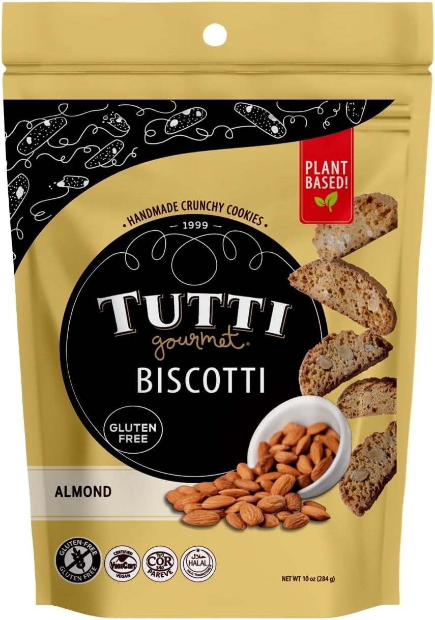 Tutti Gourmet Gluten Free Almond Biscotti, 9.9 oz (283g) Resealable Cookie Bag – Vegan and Halal Snacks
