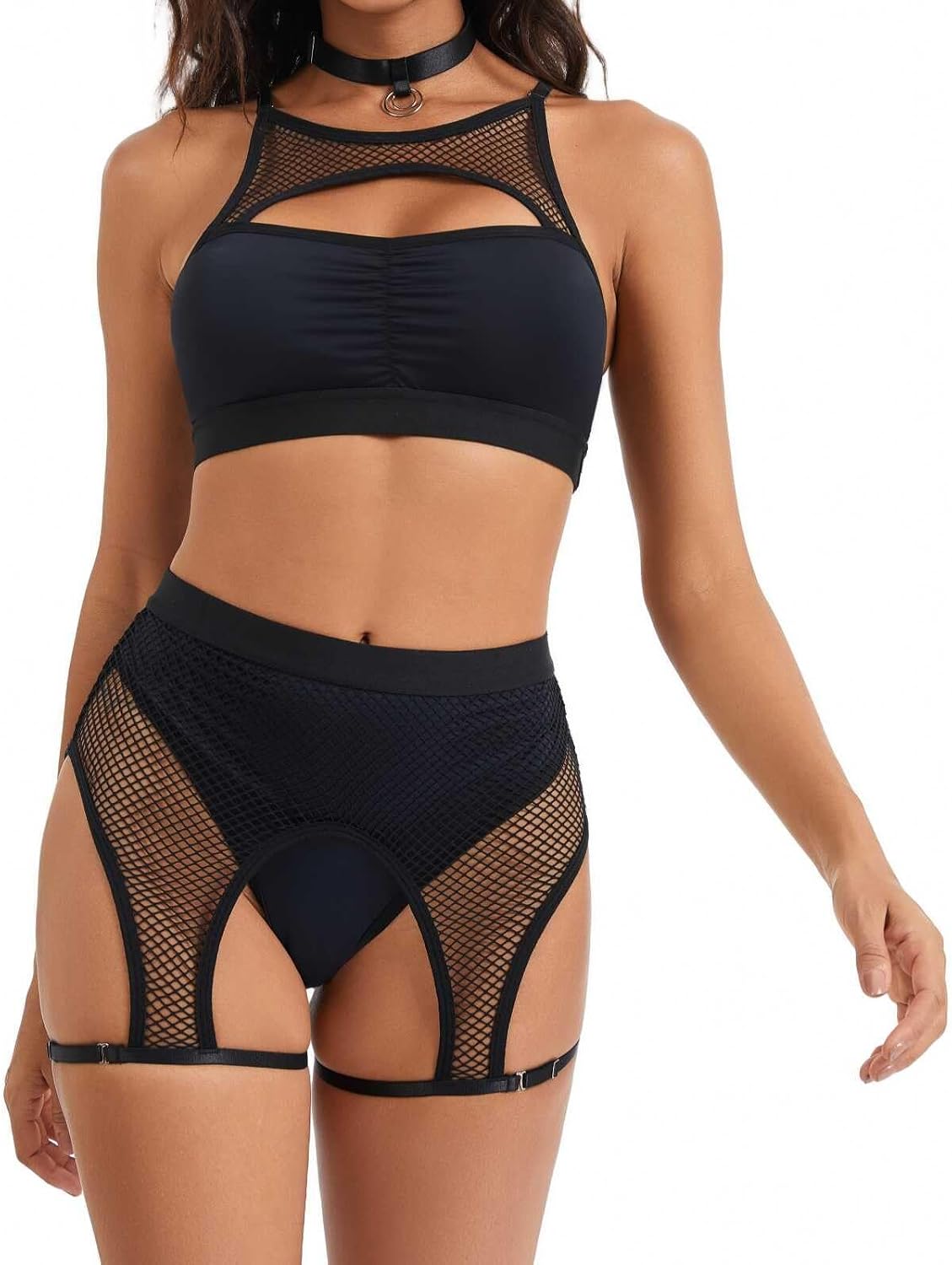 Women‘s Rave Outfits Set: Cutout Fishnet Lingerie Top High Waisted Dance Shorts for Festival Party