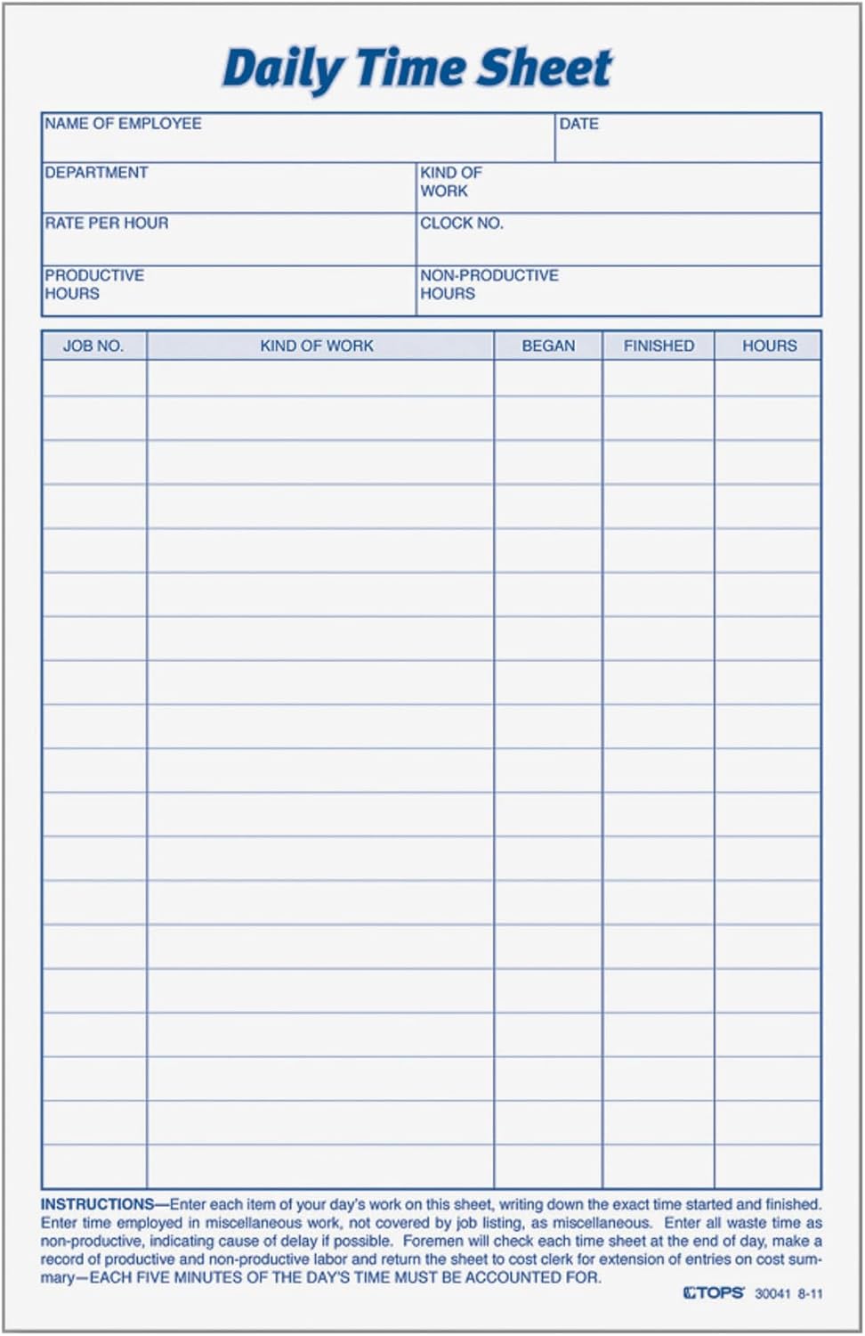 TOPS® Daily Time Sheet Forms, 9.5" x 6", Black/White, 100 Sheets Per Pad, 2 Pads Per Pack