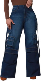 Women's Wide Leg Jeans High Waisted Cargo Pocket Baggy Stretchy Casual Denim Pants