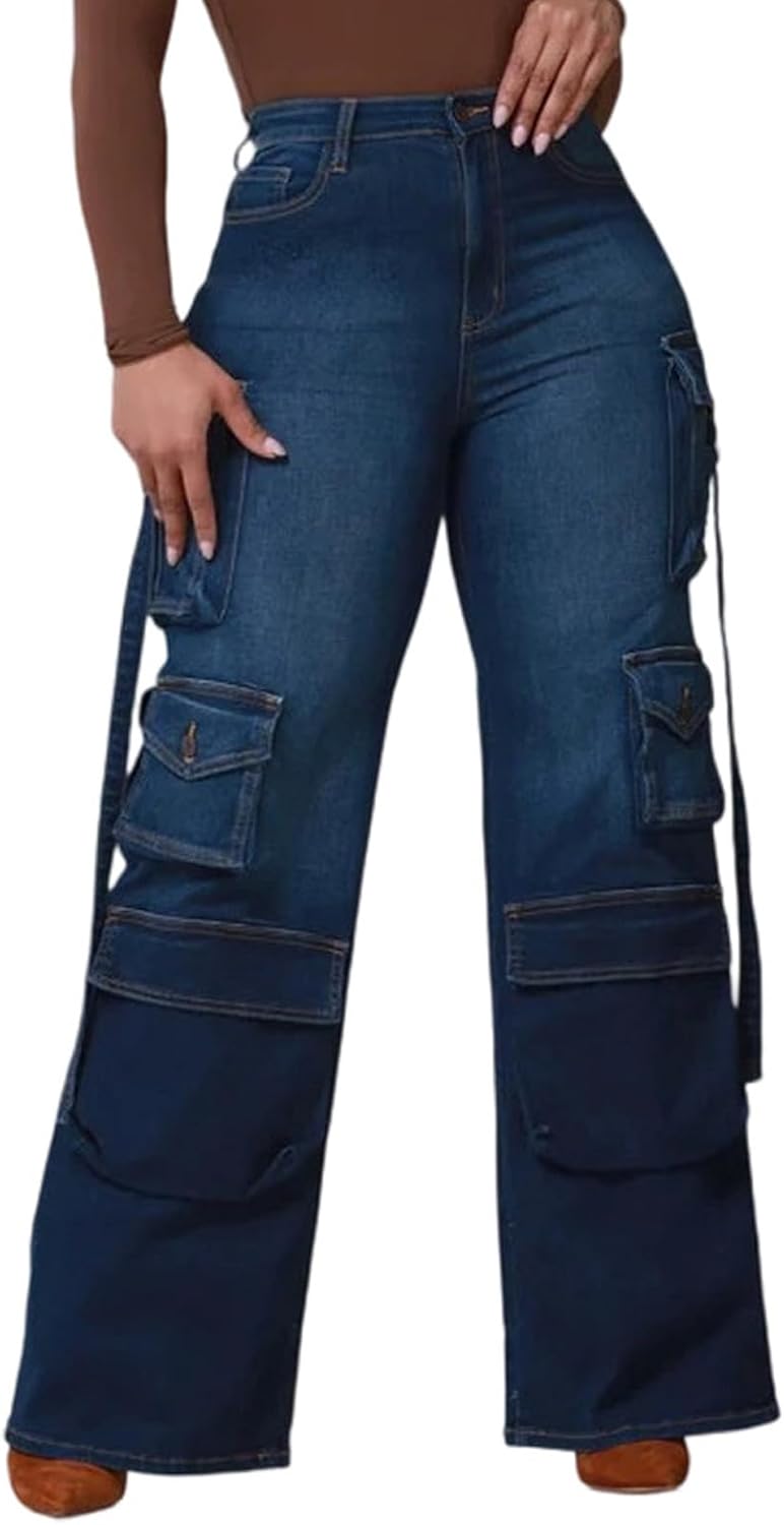 Women's Wide Leg Jeans High Waisted Cargo Pocket Baggy Stretchy Casual Denim Pants