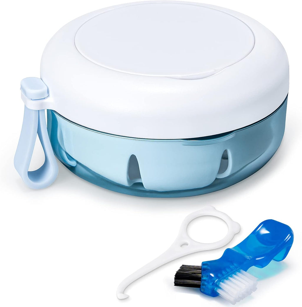 Leak Proof Denture Cup Kit Portable Retainer Case Perfect for Travel, Denture Case Container Cleaning Care for Dentures Aligner Mouth Guard with Denture Brush,Strainer, Removal Tool and Mirror
