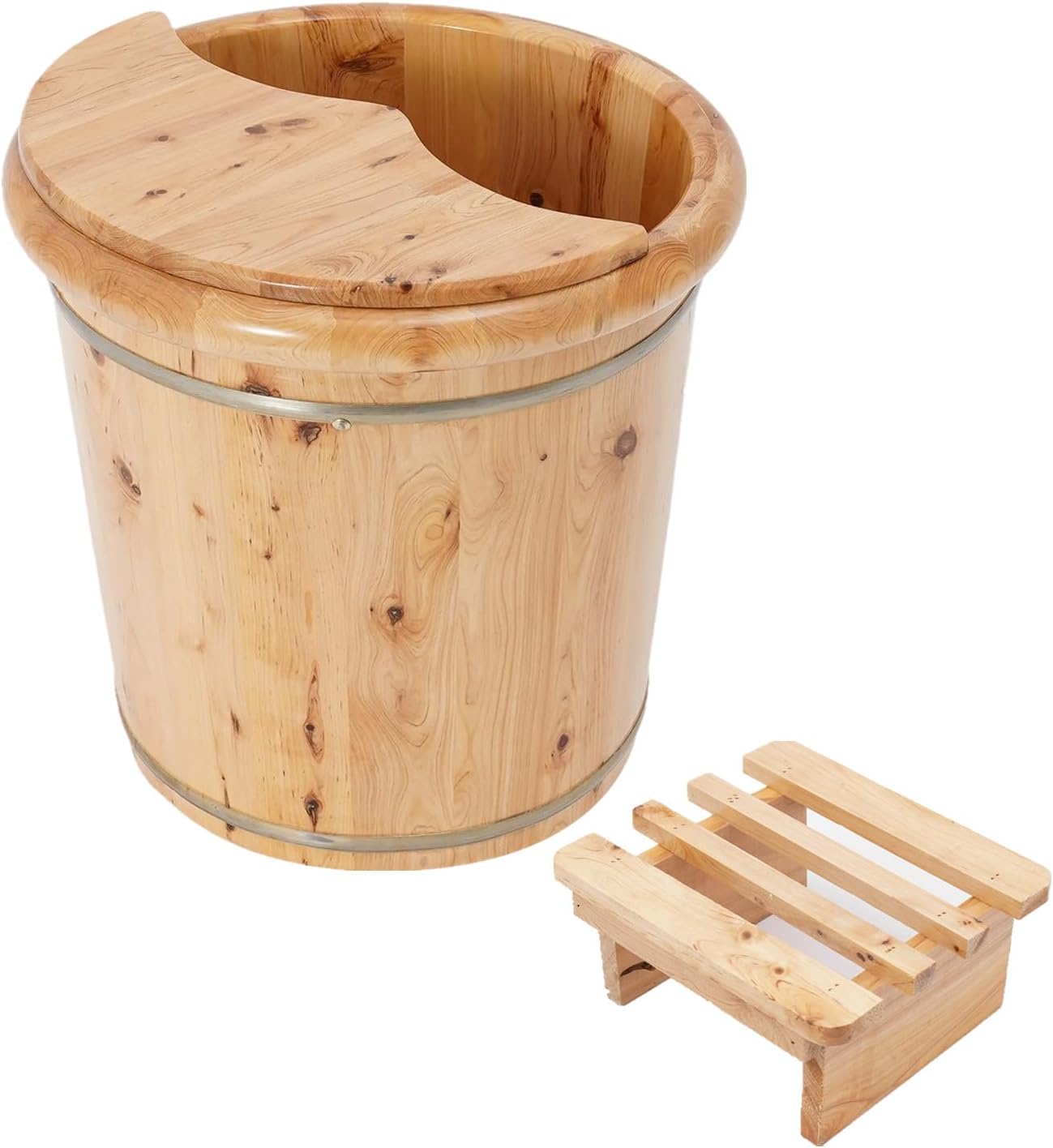 Wood Foot Bath Bucket with Lid & Stool, 16 inch Thickened Wooden Foot Bath Tub Footbath Barrel Portable Pedicure Bowl Soaking Tub for Home Spa, Massage, Sauna (with Wooden Stool)