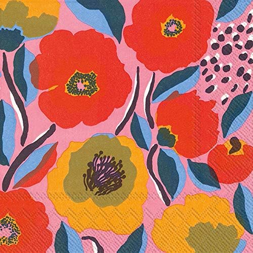 IHR Ideal Home Range Party Napkins Marimekko Disposable 3-Ply Paper Lunch Napkin Pack, 6.5" x 6.5", Rosarium Rose, 20-Count