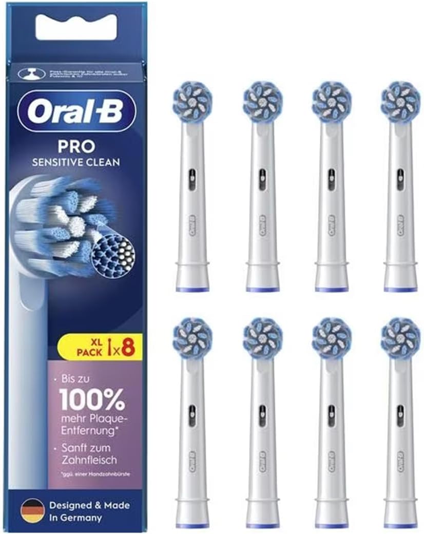 Oral-B Pro Sensitive Clean Replacement Toothbrush Heads for Electric Toothbrush, Pack of 8, Gentle Teeth Cleaning, Innovative X-shaped Bristles, Original Oral-B Toothbrush Attachment, Made in Germany
