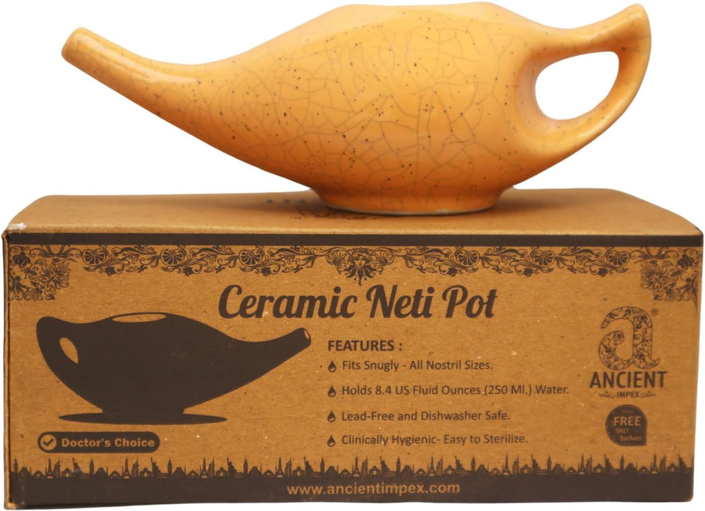 ANCIENT IMPEX Ceramic Neti Pot 250 ml (Crackle Orange) with 5 Neti Salt Sachets – Ayurvedic Nasal Wash for Sinus Relief, Allergy & Congestion, eco-Friendly Nasal Cleansing Pot