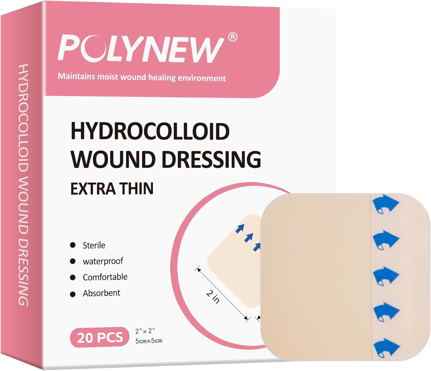2" x 2"-20 Pack Extra Thin Hydrocolloid Dressing for Light Exudate, Hydrocolloid Patches Waterproof Wound Dressing, Adhesive Hydrocolloid Bandages, for Pressure Ulcer, Bed Sore