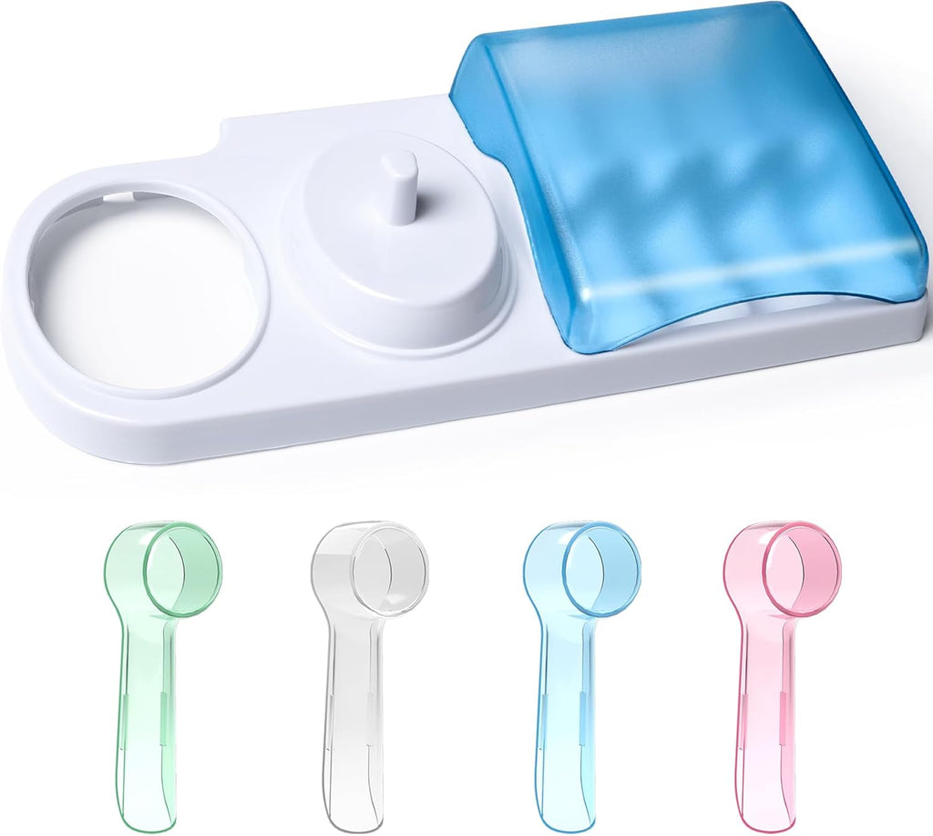 Electric Toothbrush Holder with 1 Charging Stand Slot, 1 Toothbrush Stand and 4 Toothbrush Heads Storage + 4 PCS Toothbrush Head Covers for Oral B