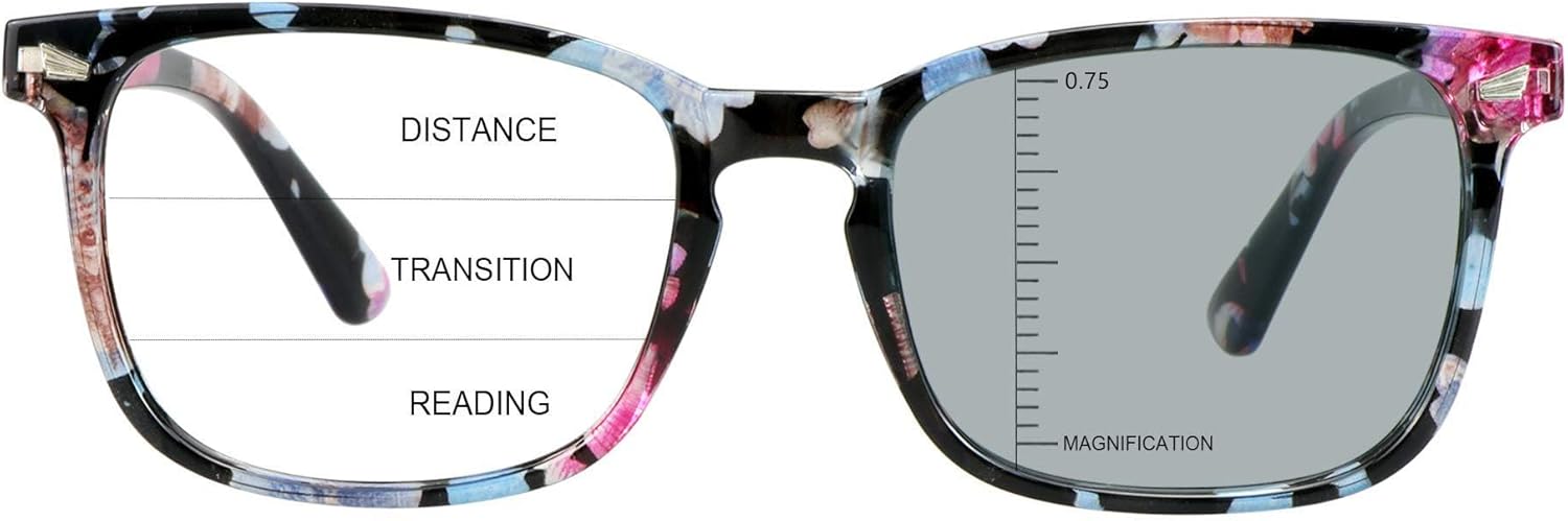 Vintage Square Progressive Multifocal Presbyopic Glasses, Photochromic Gray Sunglasses for Men Women Readers (Floral,+0.00/+2.50 Magnification)