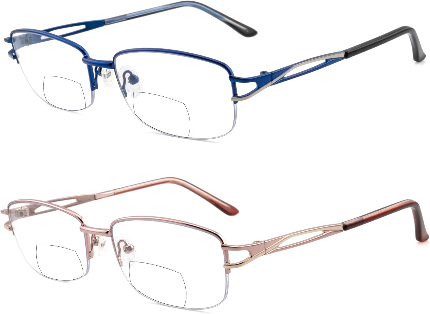 2 Pack Metal Bifocal Reading Glasses for Women Designed Lady Bi-focal Readers Half Frame Fixed Hinge Clear 0 Top
