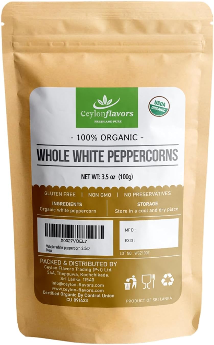 Organic Premium Grade White Peppercorn. Natural Super food enriched with aroma & flavors for cooking and barbeque, 3.5 oz / 100 g