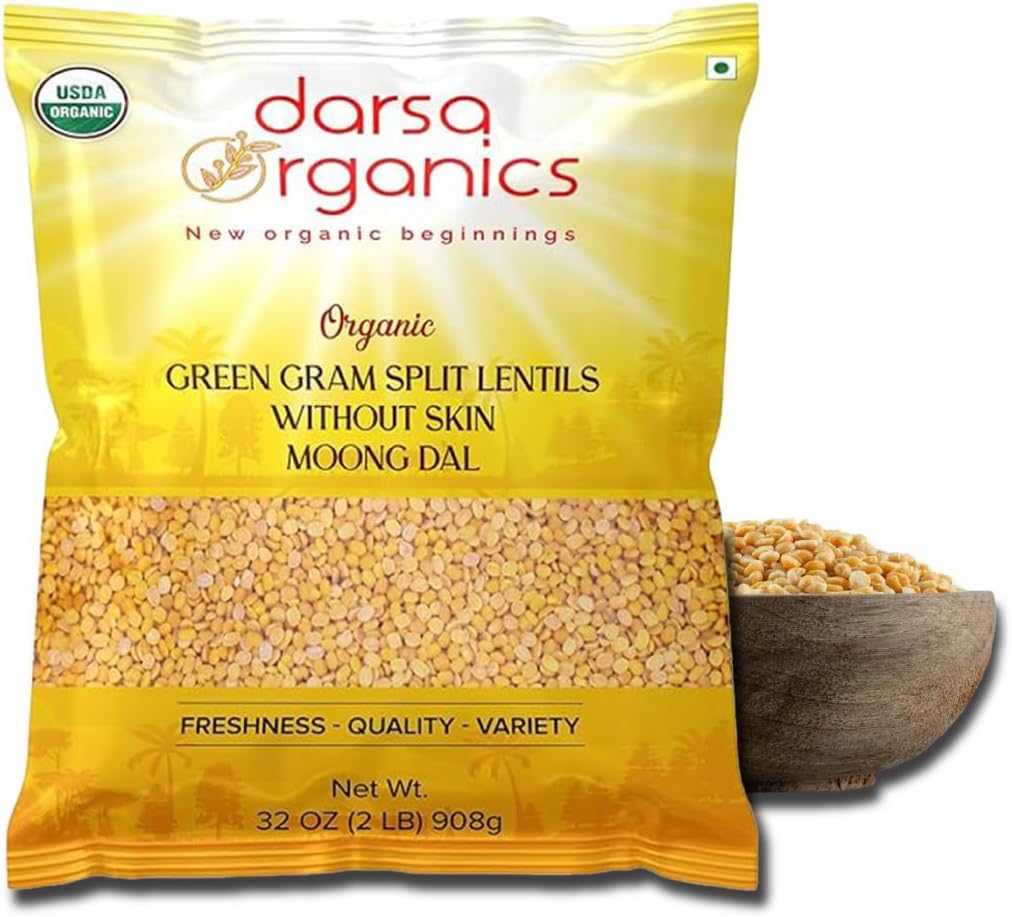 Darsa Organics Yellow Moong Dal (2lb) - USDA Organic Split Yellow Mung Beans - Premium Dry Lentils for Khichdi, Soup & Salad - Non-GMO, Chemical-Free & Kosher Protein Rich Vegan Superfood