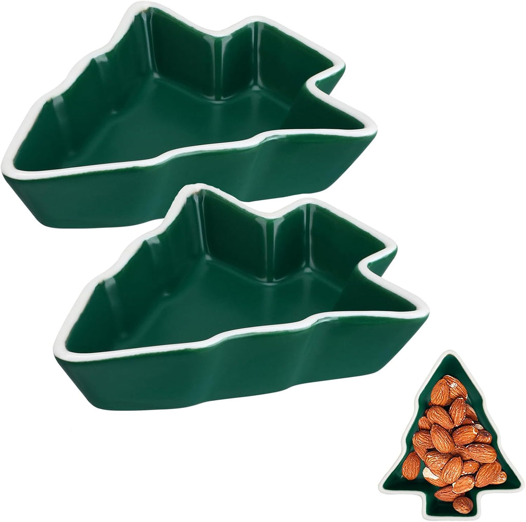 CALLARON 2Pcs Christmas Serving Dishes, Christmas Serving Platter, Tree Shape Ceramic Appetizer Trays, Porcelain Snack Platter, Party Decorative Candy Tray for Xmas Holiday 5 x 4 inch