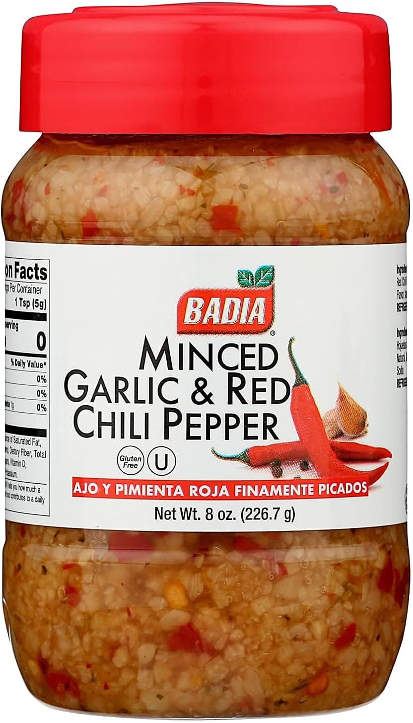 Badia Minced Garlic & Red Chili Pepper 8 oz – Spicy Savory Blend with Garlic and Crushed Red Pepper Flakes