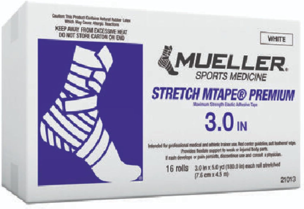 Mueller Stretch MTape® Premium Elastic Athletic Tape, 3″ × 5 yd, White – Box of 16 Rolls – Maximum Strength – Part # 21013