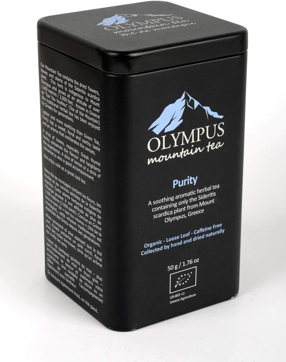 Purity OLYMPUS Mountain Tea. Organic 100% Greek Mountain Tea (Sideritis Scardica). Metal Tin Box 50 g. / 1.76 oz