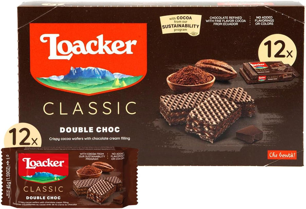 Loacker Classic Double Choc Wafers - Premium Crispy Cocoa Wafer Cookies with Chocolate Cream Filling - Multipack of 12 Snack Packs - NON-GMO - Sustainably Sourced Cocoa - 45g/1.59oz, Pack of 12