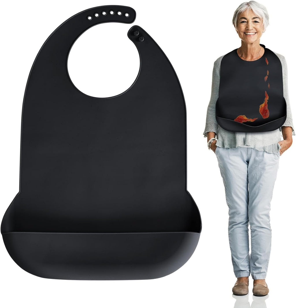 Adult Bibs for Men, Women, Elderly- Silicone Adult Bib for Eating - Washable Bibs with Crumb Catcher (Black)
