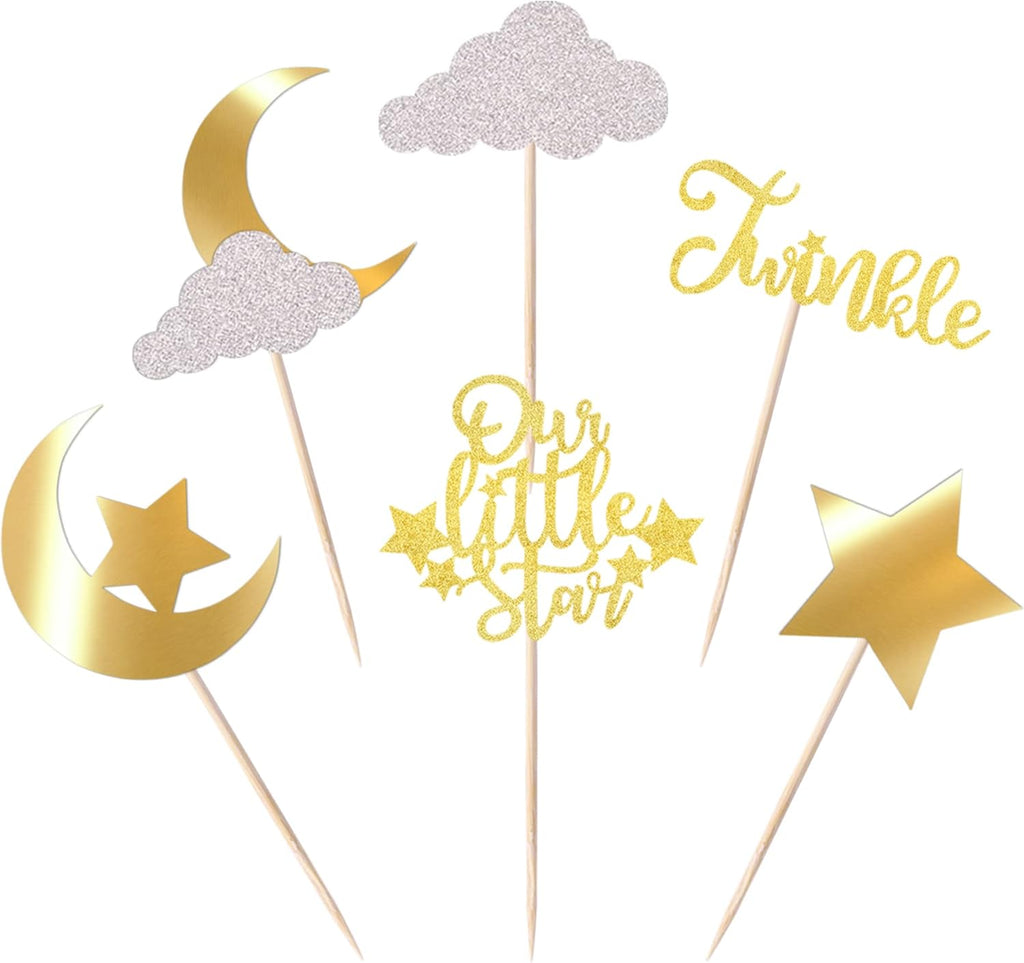 24 Pack Little Star Cupcake Toppers Glitter Moon Cloud Cupcake Picks Twinkle Star Baby Shower Kids Birthday Wedding Party Cake Decorations Supplies Gold
