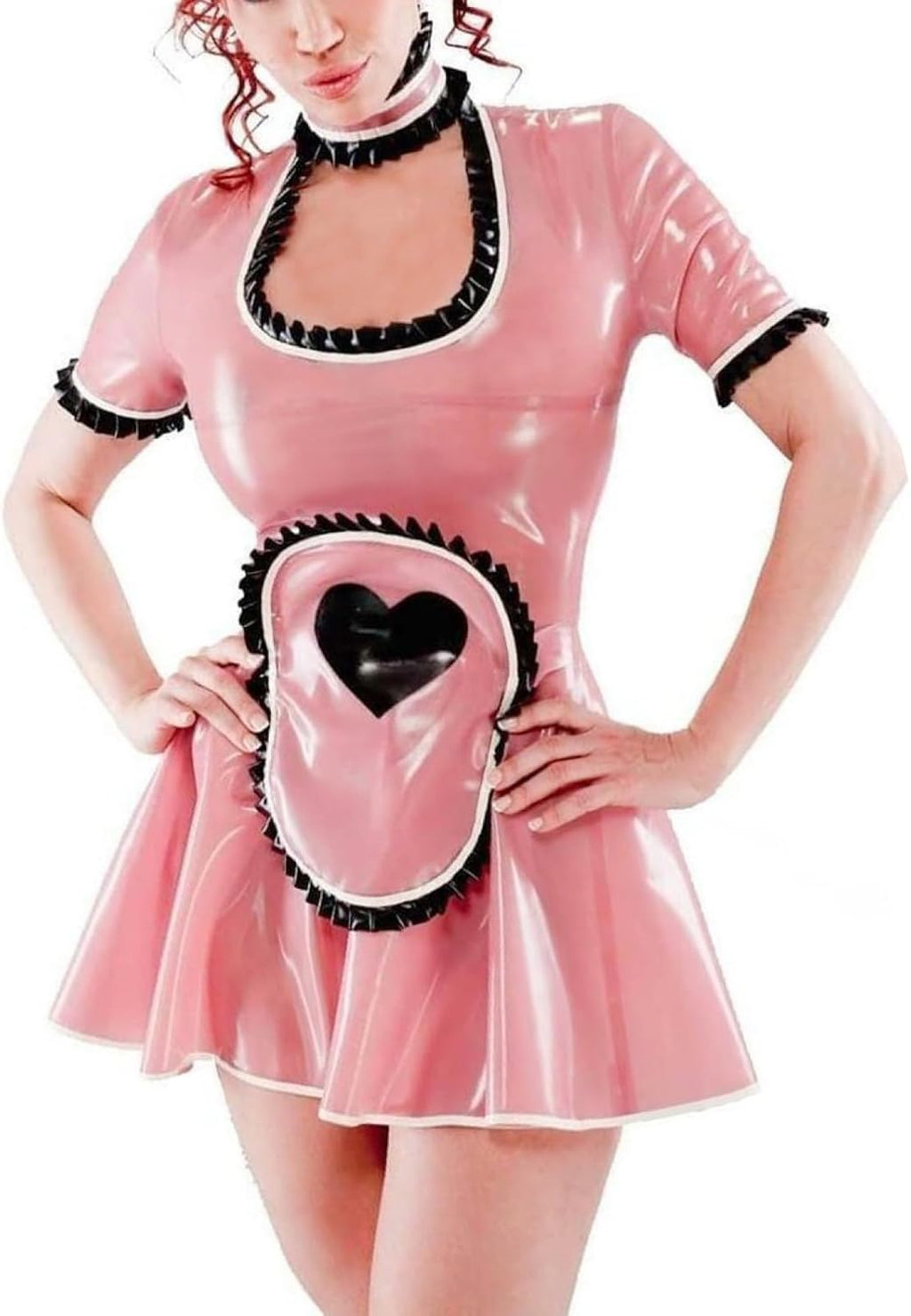 Natural latexLatex Dress Zipper Back Short Sleeves Apron with Hearts Trims Rubber Uniform