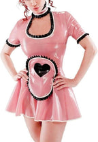 Natural latexLatex Dress Zipper Back Short Sleeves Apron with Hearts Trims Rubber Uniform