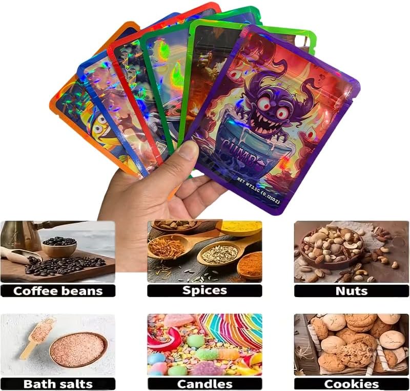 100 Packs Holographic 3.5g Mylar Candy Bags With Designs, Resealable 3.5 grams Baggies, 4x5 Inches Stand up Packaging Food Storage Bag