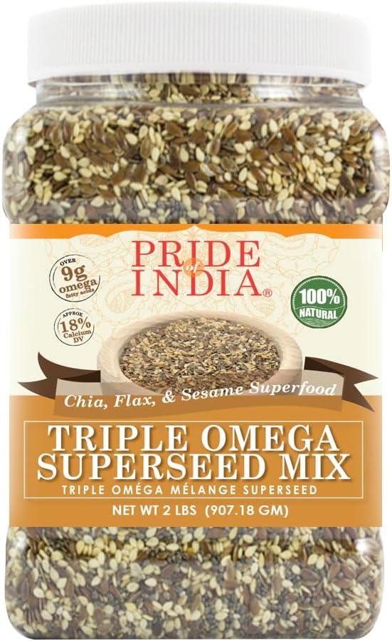 Pride Of India - Triple Omega Superseed Mix - Protein, Fiber, Calcium, Iron, Omega-3, Omega-6, Thiamin Rich Superfood w/Chia Flax & Sesame Seeds, 2 lbs Jar