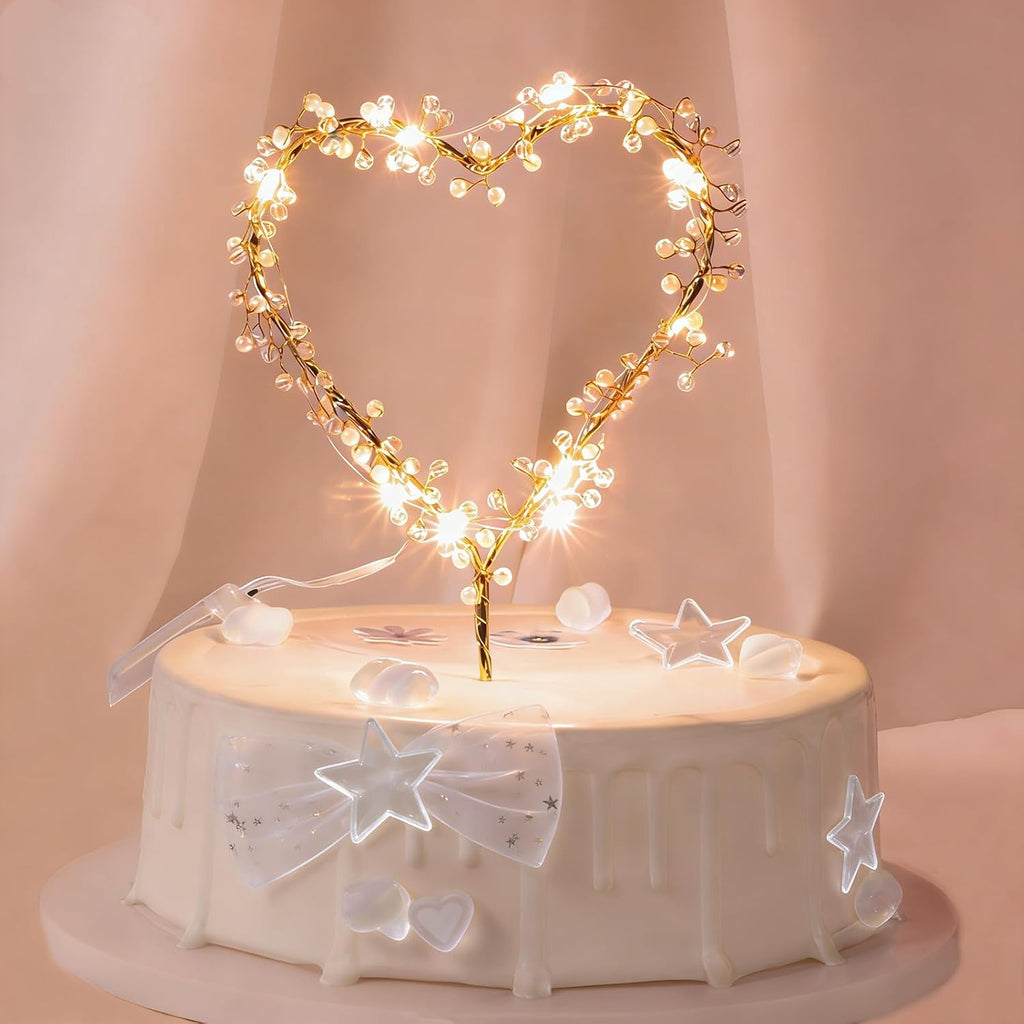 Mother's Day Cake Topper Love Heart Pearl Cake Toppers with LED Light for Mothers Day Birthday Wedding Party Decoration, 5.2 x 7.9 Inch