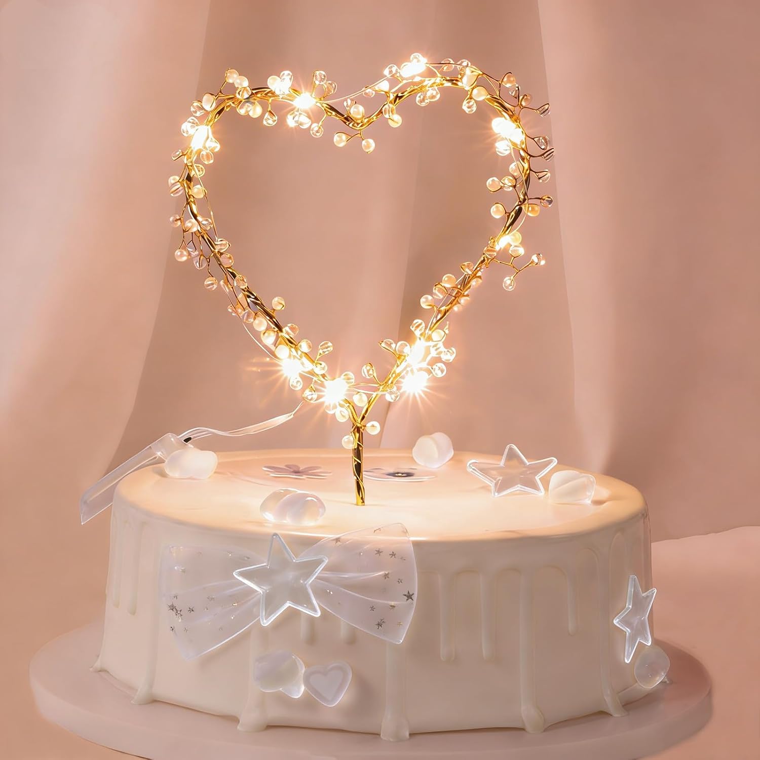 Wedding Cake Toppers Heart Pearl Cake Topper Gold Light Heart Cake Decoration for Birthday Wedding Engagement Anniversary Cake Decor