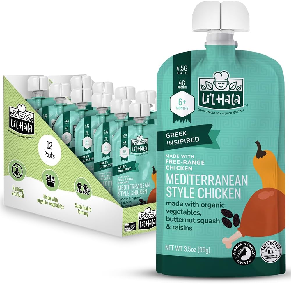 Li’l Hala Foods - Baby Meat Pouches - Mediterranean Chicken – Free-Range Chicken & Organic Veggies – Toddler Meals with Meat – Protein & Healthy Fats Puree – No Hormones – 6+ Months – 3.5 oz (12 Pack)