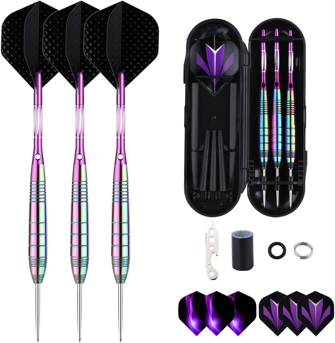 Steel Tip Darts Set for Dartboard, Professional Brass Darts Metal Tip Black Purple Aluminium Nylon Shafts 9 Flights 50 Rubber O-Rings 12 Spring Rings 1 Dart Sharpener Tool 24/27 Grams