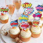 36 PCS Super Hero Boom Cupcake Toppers Smash Crash Pow Cupcake Picks for Celebrating Hero Theme Baby Shower Kids Birthday Party Cake Decorations Supplies