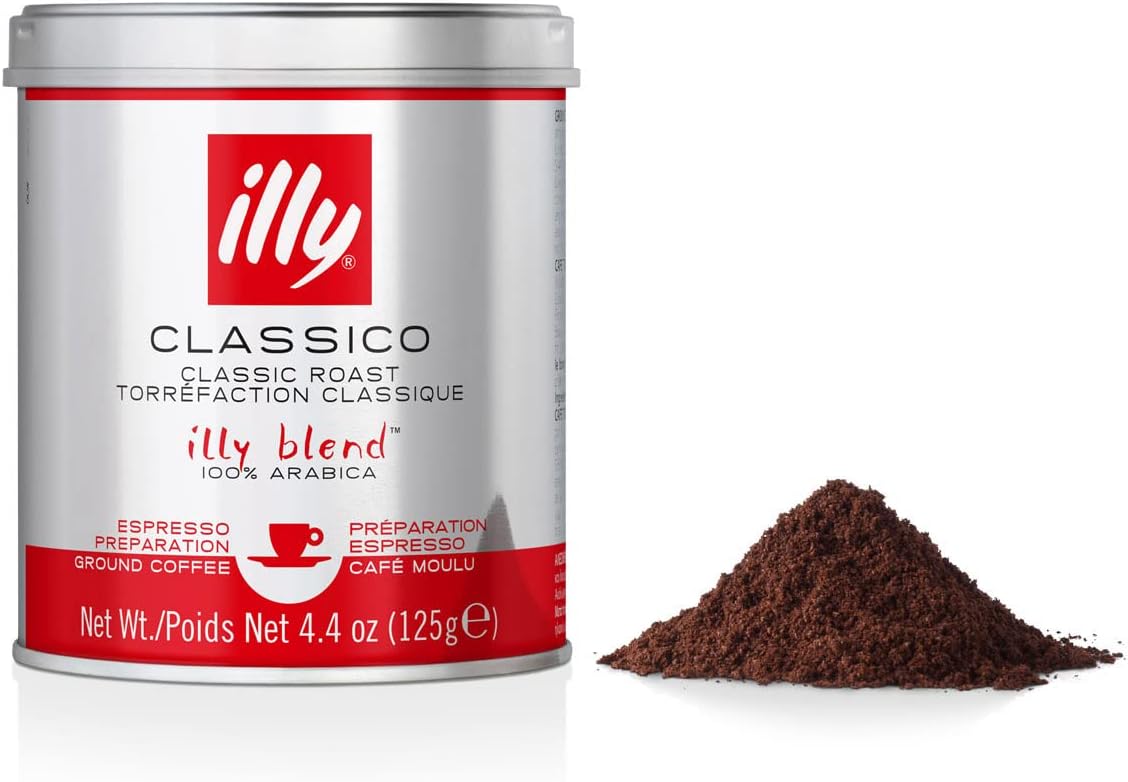 illy Ground Coffee Espresso - 100% Arabica Coffee Ground – Classico Medium Roast - Notes of Caramel, Orange Blossom & Jasmine - Rich Aromatic Profile - Precise Roast - No Preservatives – 4.4 Ounce