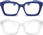 REAVEE 2 Pack Oprah Style Oversized Reading Glasses for Women Men Blue Light Blocking, Ladies Stylish RetroSquare Large Computer Readers (Blue/Clear 1.5x)