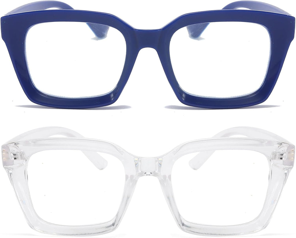 REAVEE 2 Pack Oversized Reading Glasses for Women Men Blue Light Blocking, Ladies Stylish RetroSquare Large Computer Readers (Blue/Clear 2.5x)