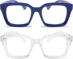 REAVEE 2 Pack Oversized Reading Glasses for Women Men Blue Light Blocking, Ladies Stylish RetroSquare Large Computer Readers (Blue/Clear 2.5x)
