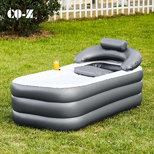 CO-Z Inflatable Bathtub With Electric Air Pump, Portable Tub With Blow Up Bath Pillow Cover, Drainage Cup Holder, Foldable Outdoor Freestanding Tub for Adults, Gray