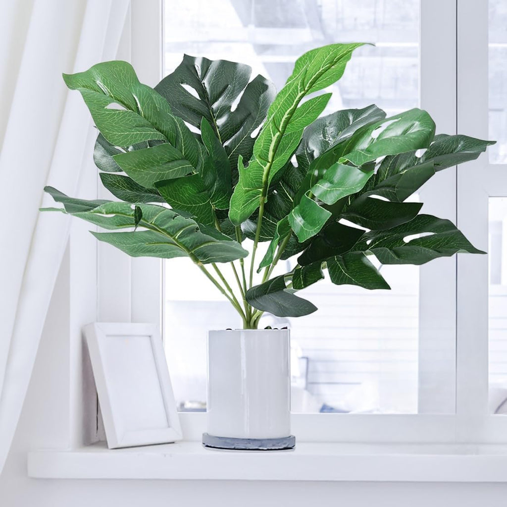 9 Leaves Artificial Monstera Realistic Turtle Leaf Faux Palm Plant Home Office Table Vase Decoration Room Greenery Decor 32 * 15cm