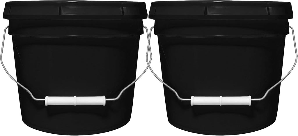 MKS Plastics 2-Gallon Bucket with Airtight Lid – Made in USA, Food Grade BPA Free Plastic, Heavy Duty Multi-Use, Metal Handle with Grip, Stackable Storage – Black, 2 Pack
