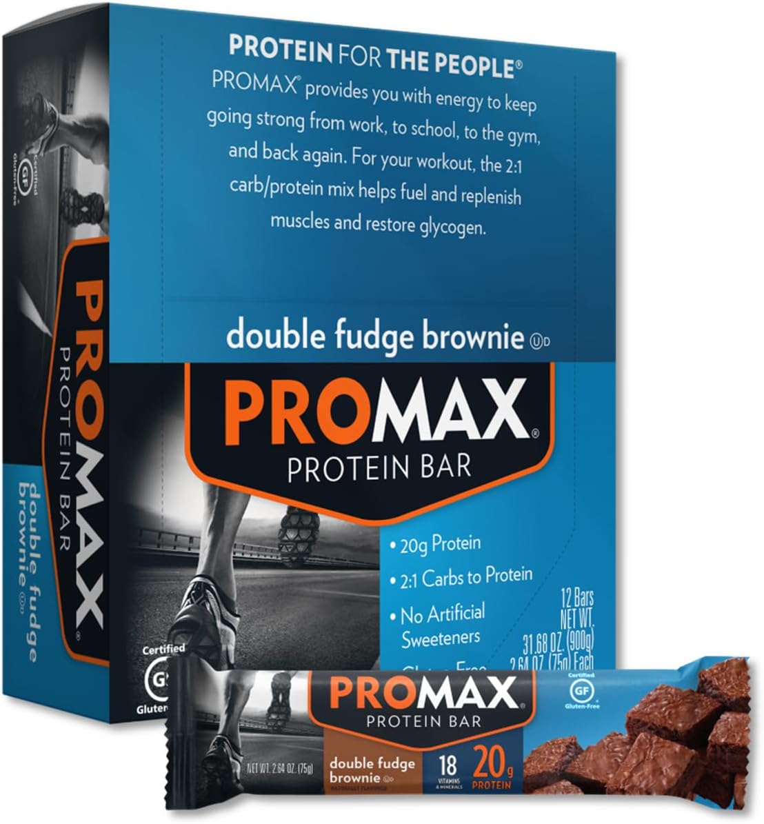 Promax Protein Bar, Double Fudge Brownie, 20g High Protein, Gluten Free, 12 Count