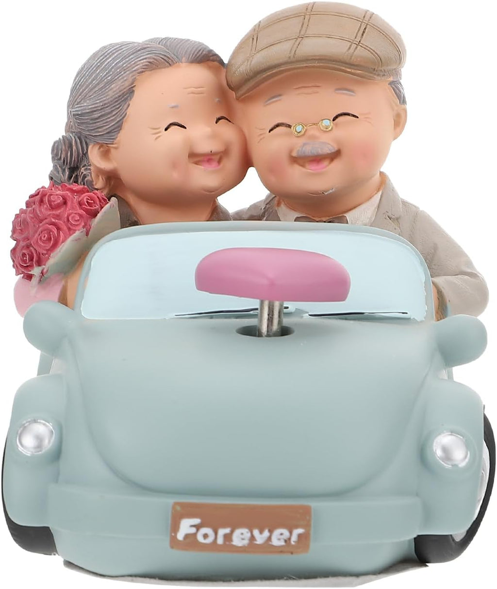 Veemoon Elderly Couples Resin Figurines Wedding Anniversary Cake Topper Loving Couple in Car Statue Ornaments for Home Decoration Gift