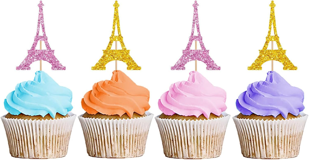 24PCS Eiffel Tower Cupcake Toppers, Wedding Party Decor, Bridal Shower Dessert Cupcake Toppers, Paris Themed Birthday Party Decoration - Pink & Gold Glitter