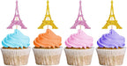 24PCS Eiffel Tower Cupcake Toppers, Wedding Party Decor, Bridal Shower Dessert Cupcake Toppers, Paris Themed Birthday Party Decoration - Pink & Gold Glitter