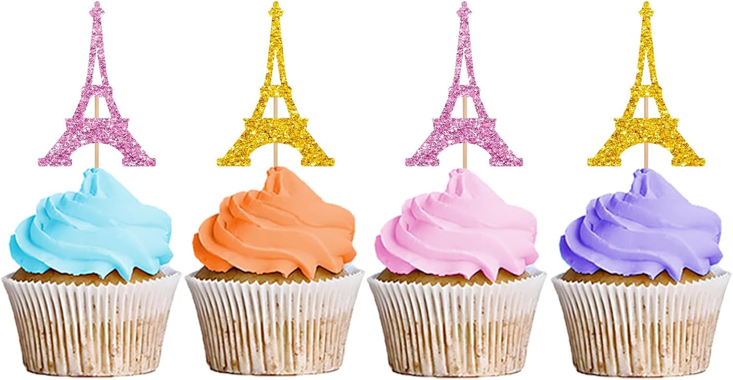 24PCS Eiffel Tower Cupcake Toppers, Wedding Party Decor, Bridal Shower Dessert Cupcake Toppers, Paris Themed Birthday Party Decoration - Pink & Gold Glitter